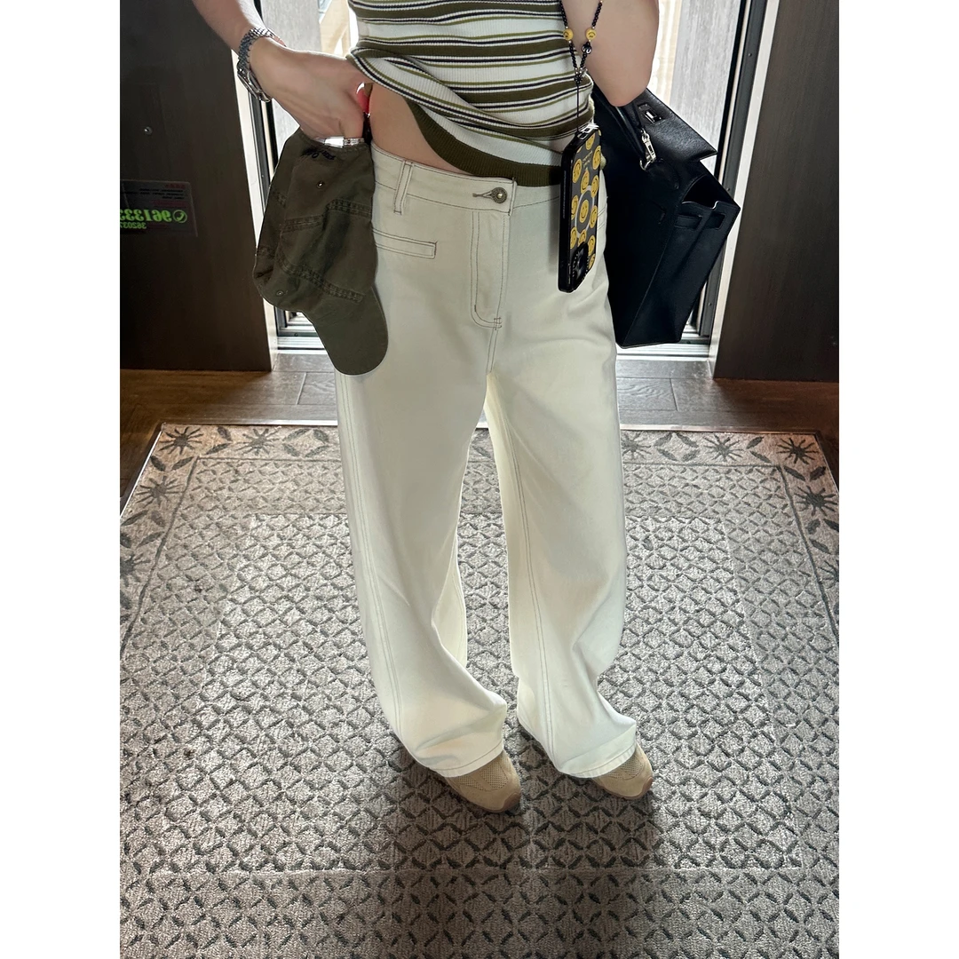 YANGLE_白色直筒牛仔裤2025年新款女秋高腰宽松设计感休闲拖地裤