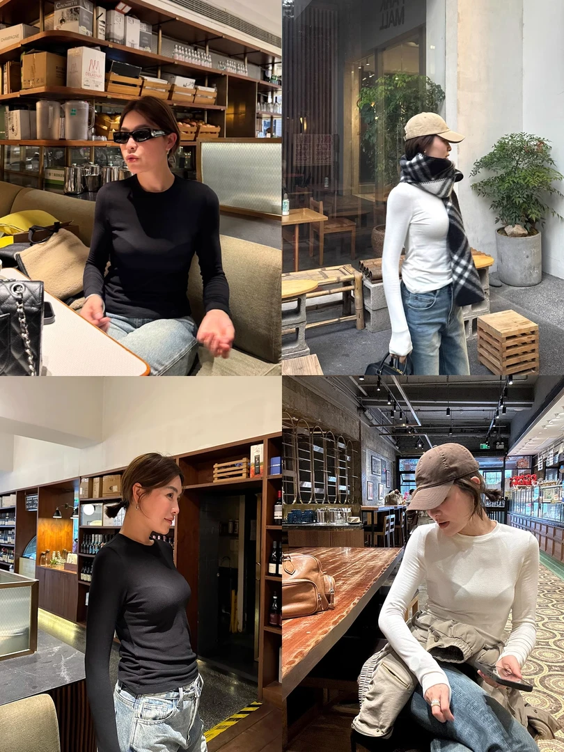 YANGLE_2025春季新款内搭打底衫女慵懒高级感正肩高弹毛感长袖T恤