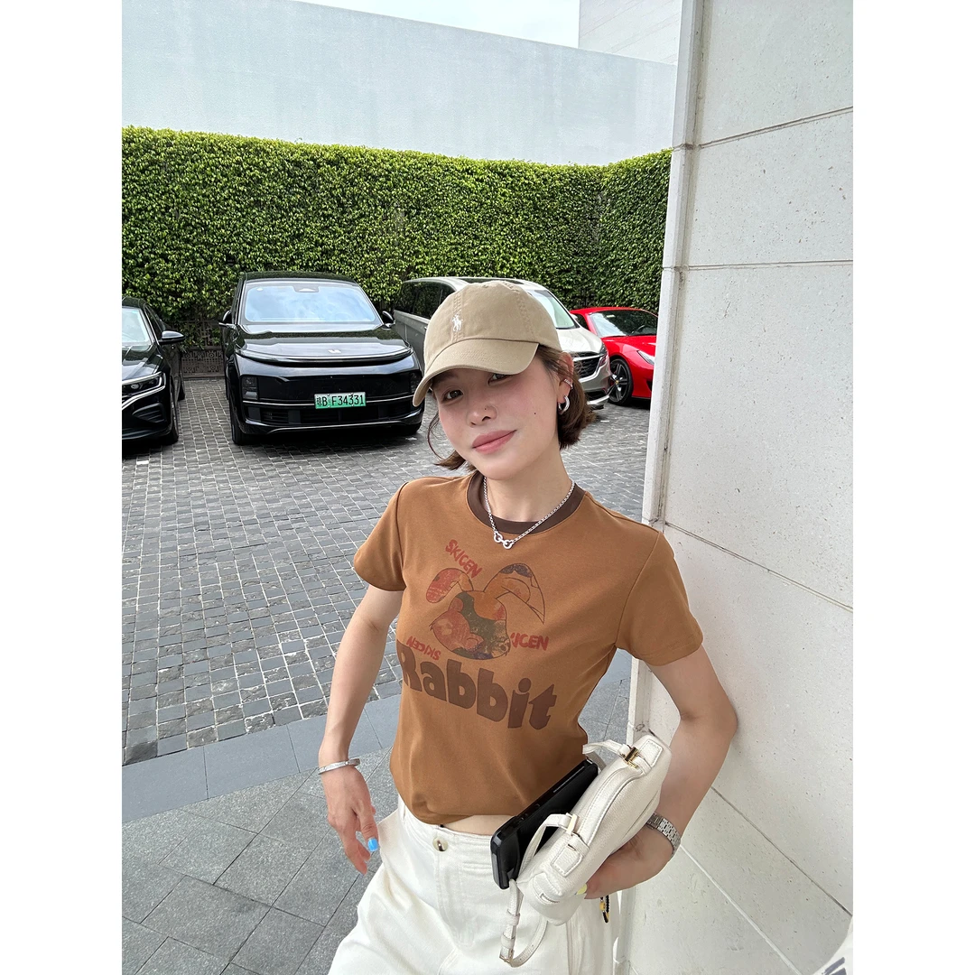 YANGLE_印花短袖t恤女2024夏季新款韩版修身显瘦撞色正肩短款上衣