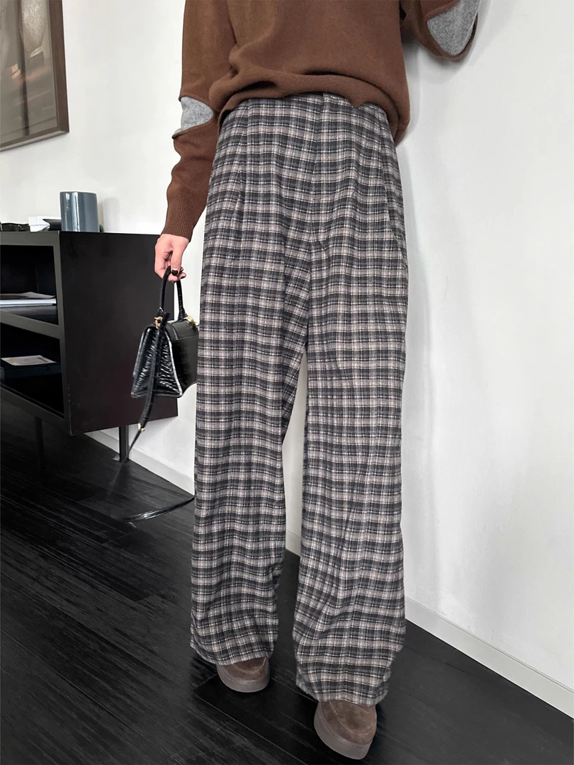 YANGLE_格子裤女慵懒复古2025年春季新款高腰休闲显瘦宽松阔腿裤