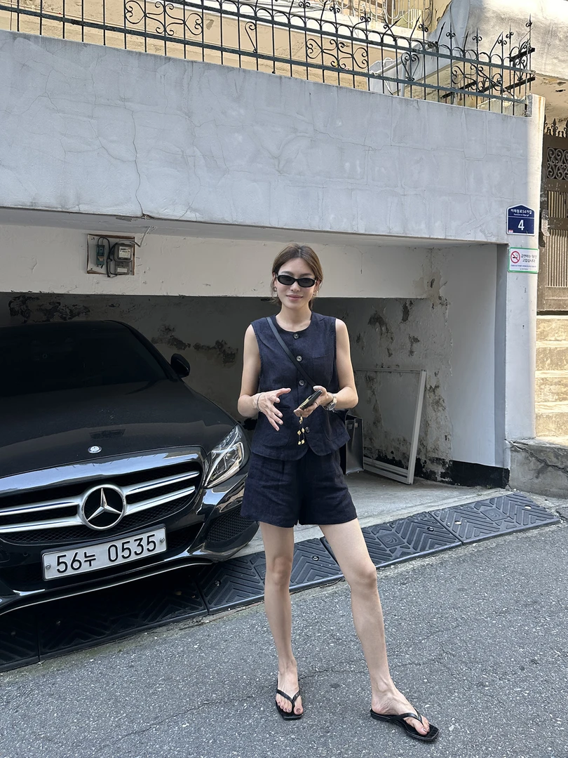 YANGLE_全亚麻马甲套装2025年新款女装春秋老钱风休闲短裤半身裙