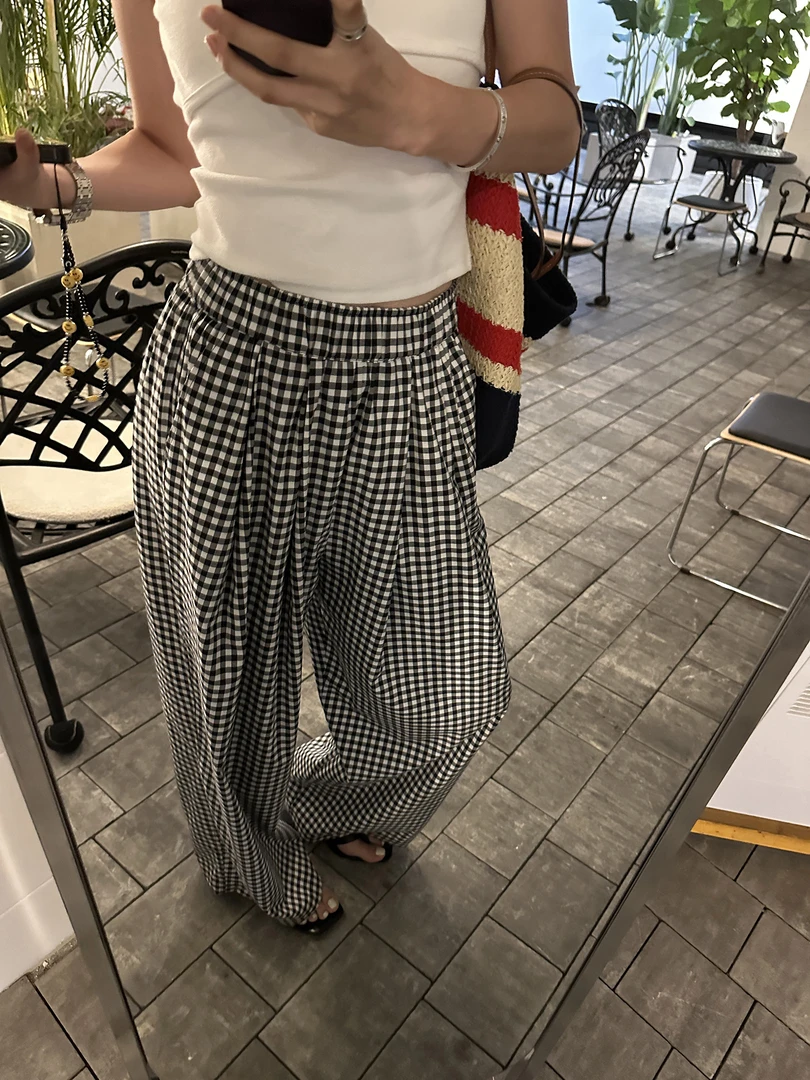 YANGLE_格子休闲裤女2024夏季新款宽松显瘦高腰拖地裤垂感阔腿裤