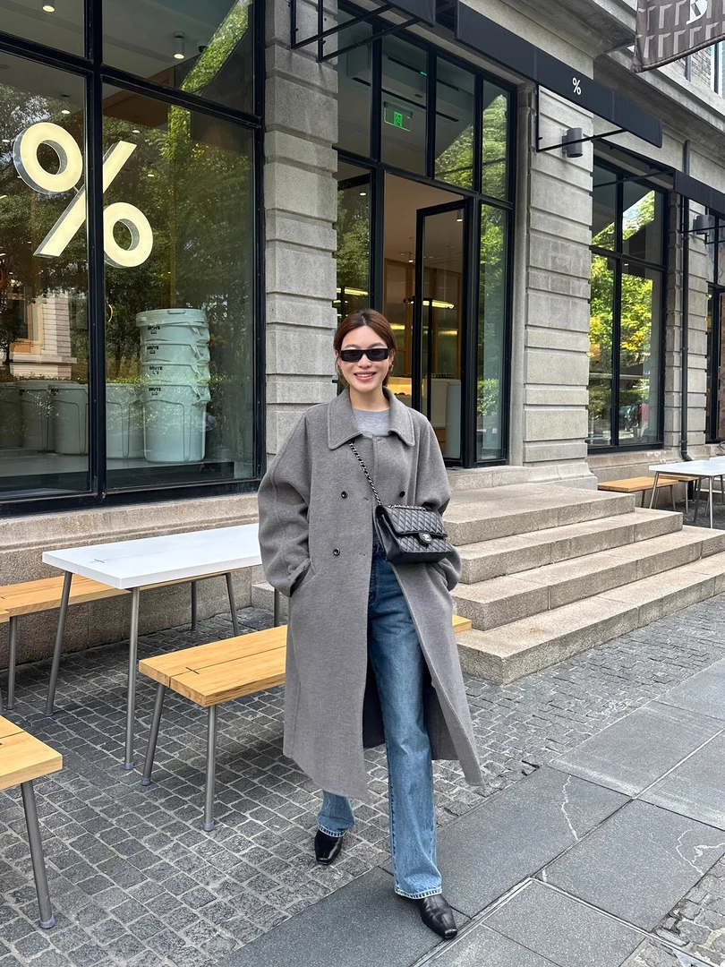 YANGKE外套女2025年冬季新款奢暖冬日 110S高密双排扣翻领大衣