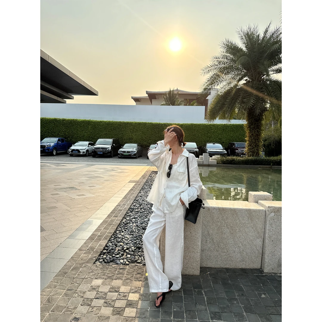 YANGLE_亚麻夏季套装女2025新款老钱风宽松防晒衬衫休闲裤两件套