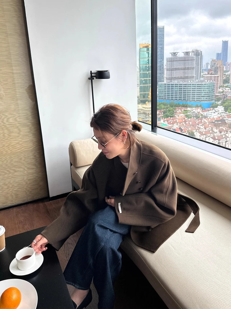 YANGLE_双面羊绒大衣女中长款廓形2025冬季新款羊毛宽松毛呢外套