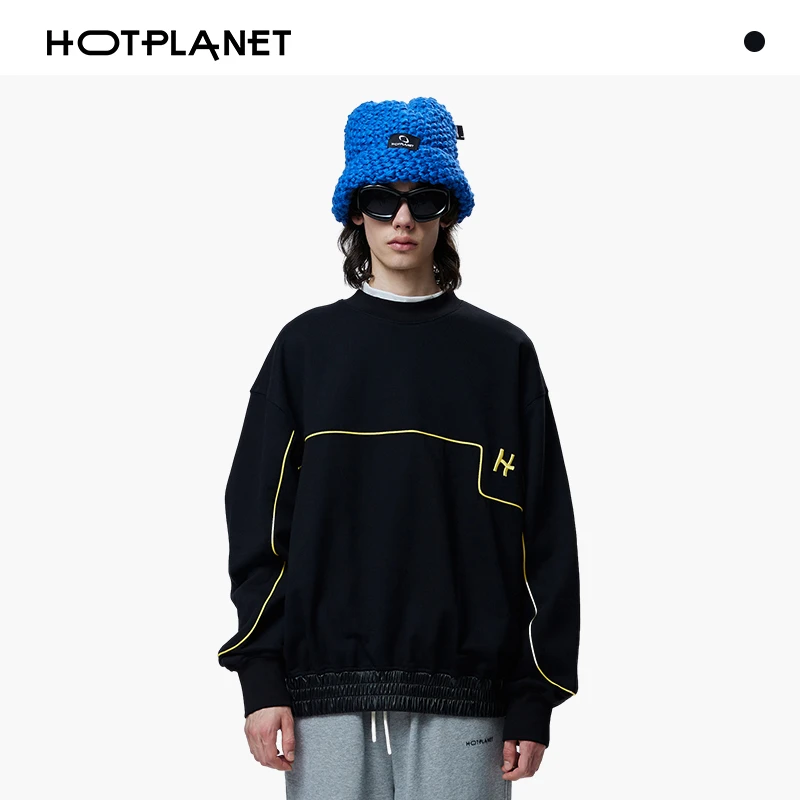 HOTPLANET卫衣潮牌男2024秋冬hiphop纯黑色圆领美式卫衣重磅450g