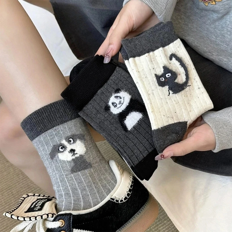 可爱动物卡通植绒中筒袜子秋冬可爱日系穿搭中筒秋冬季棉袜子女HC