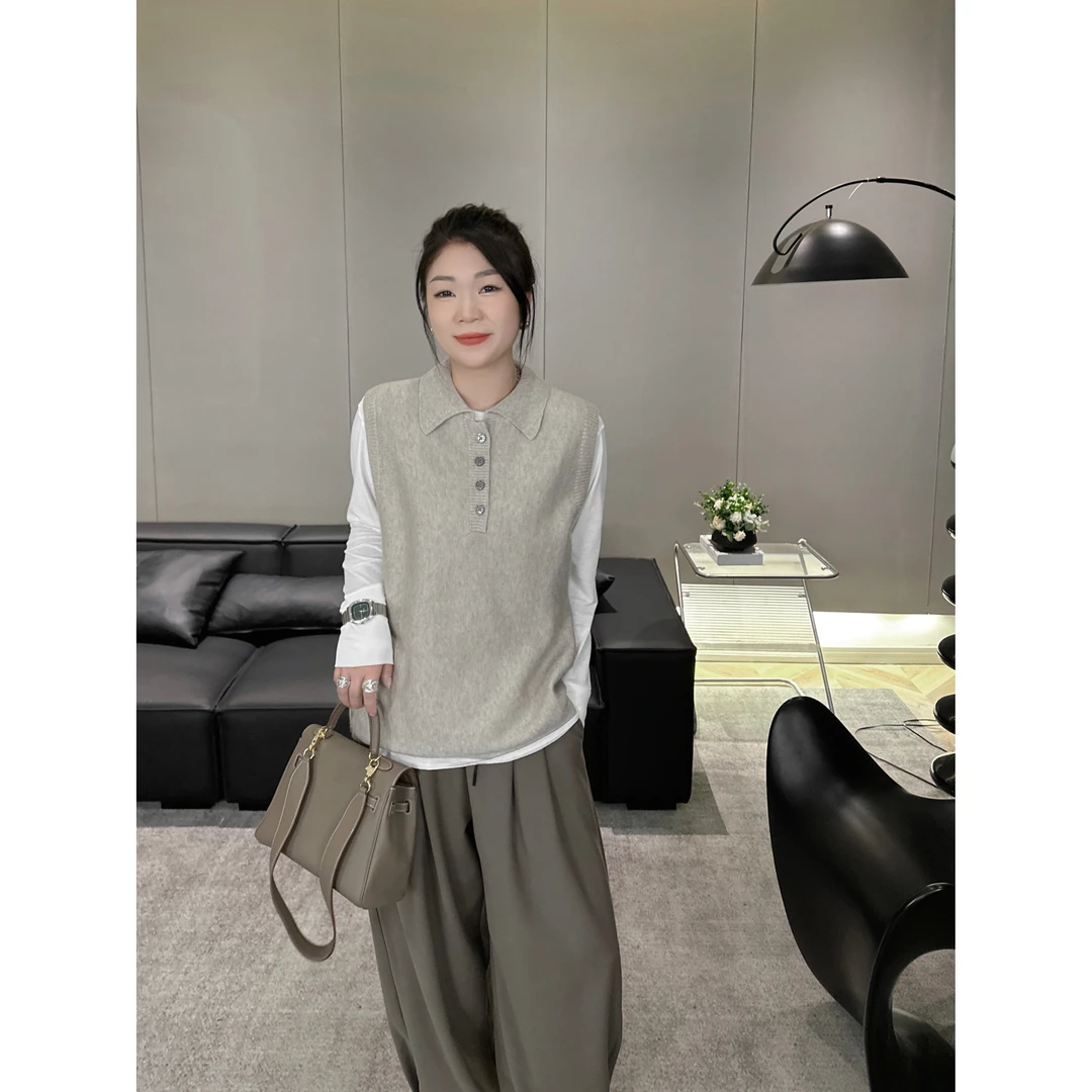 乔印2023早秋新款时尚洋气宽松显瘦无袖翻领女士针织马甲QY21918
