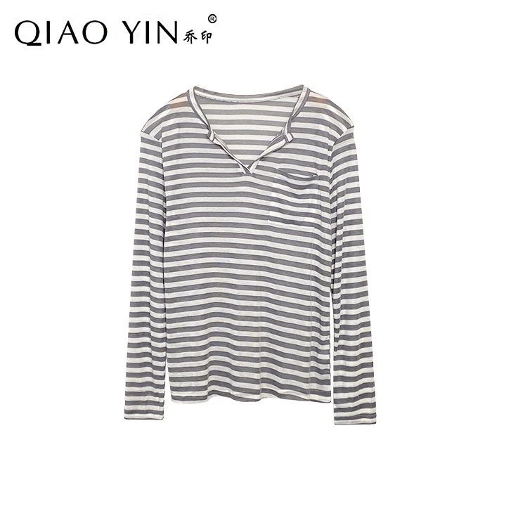 乔印2023新款时尚洋气宽松显瘦百搭条纹套头休闲长袖T恤QY21640