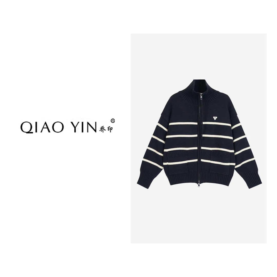 2024秋冬新款时尚休闲宽松条纹黑白设计师女装小衫开衫QY25953