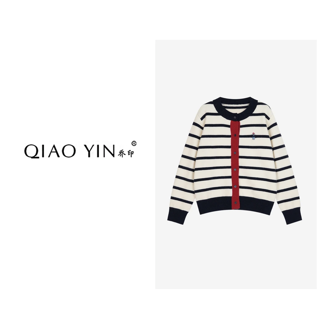 2024秋冬新款长袖时尚条纹黑白圆领撞色秋季女装毛衣小衫QY25766