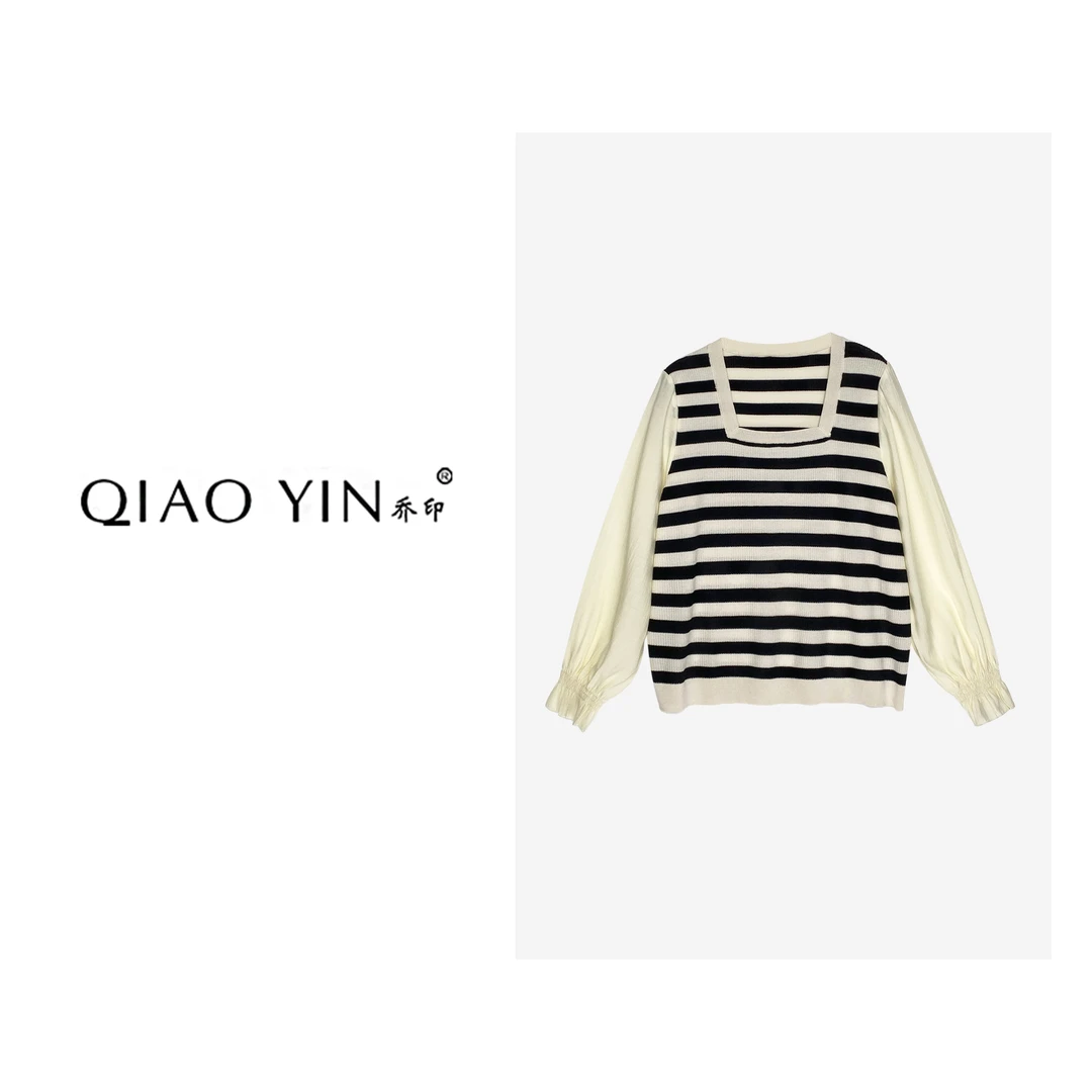 2024春季新款长袖宽松撞色条纹针织衫QY24348
