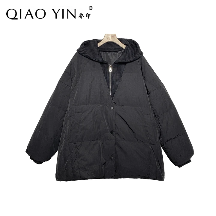 乔印【冬至羽绒】新款韩时尚洋气宽松显瘦拼接带帽羽绒服QY18407