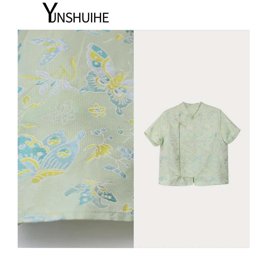 YUNSHUIHE/云水禾【百蝶齐飞】真丝异色萝蝴蝶纹立领绿上衣 CY24059