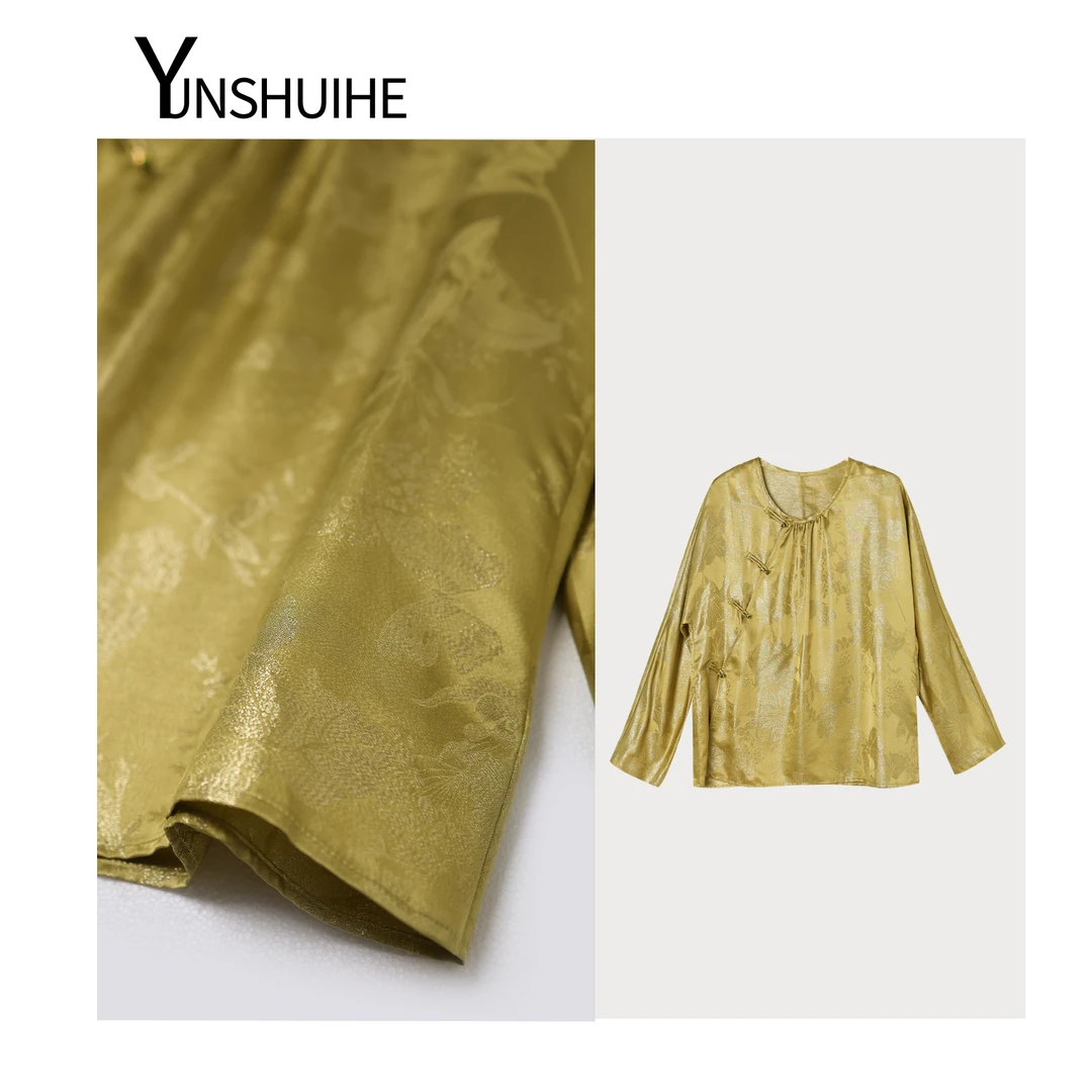 YUNSHUIHE/云水禾新中式重工提花长袖云圆领绿色上衣ZS24311