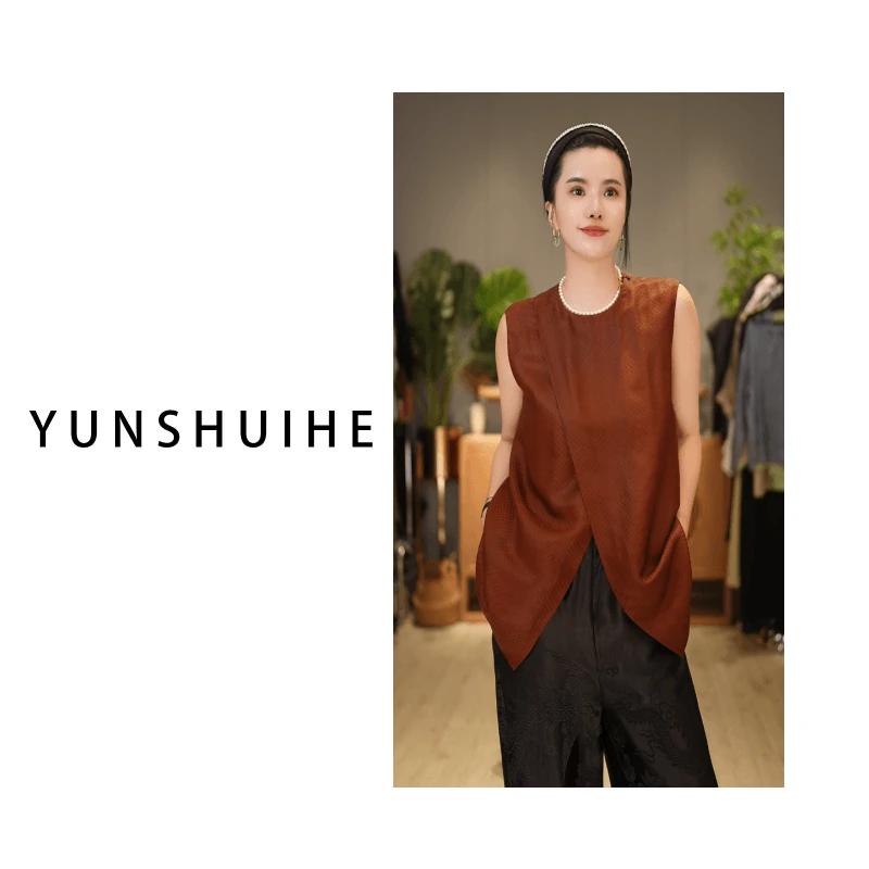 YUNSHUIHE/云水禾 棋盘格！ 重磅蚕丝提花上衣红云纱无袖格子衬衫