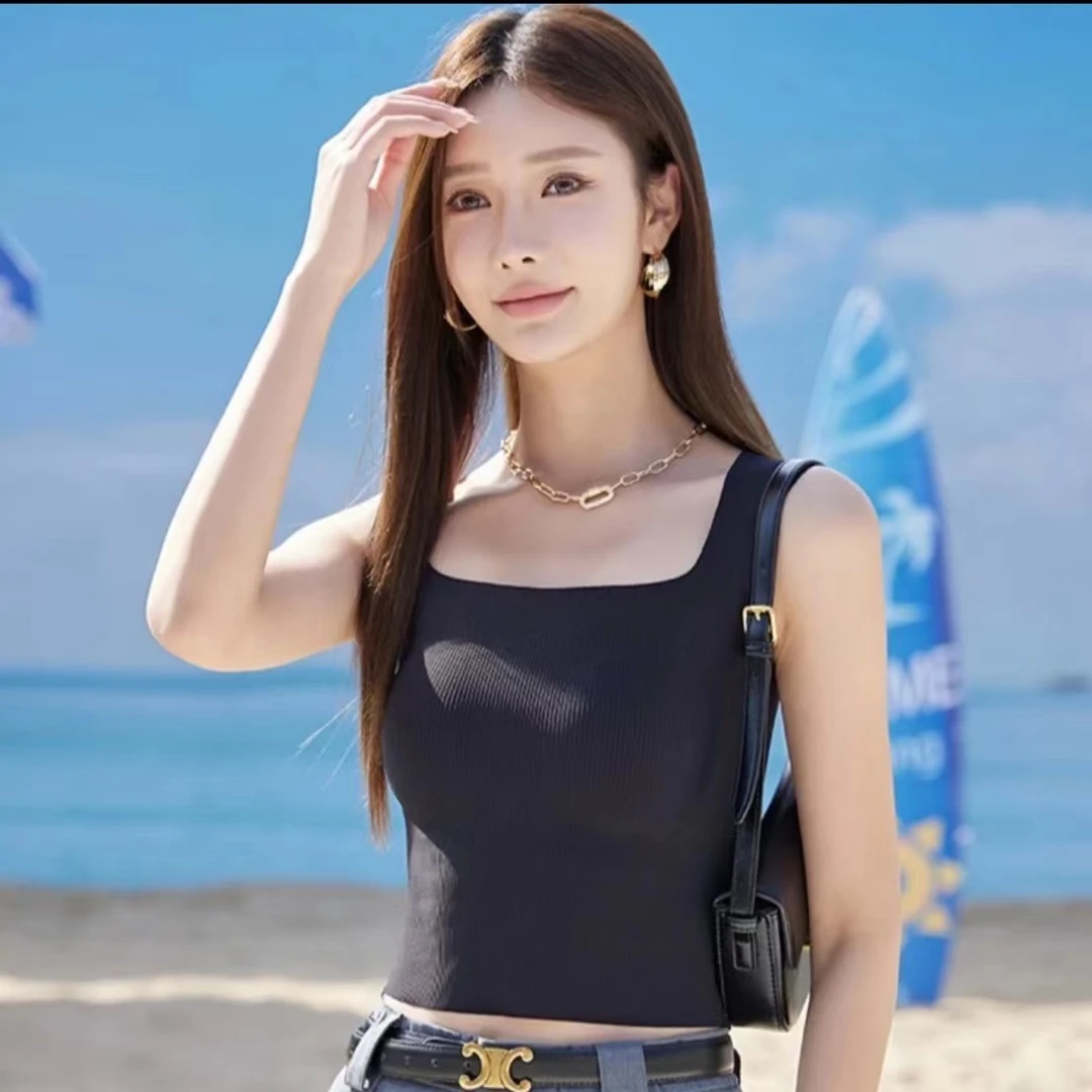 【厚切奶酪】欧风方领冰丝背心女带胸垫无袖无痕内搭夏季修身美背