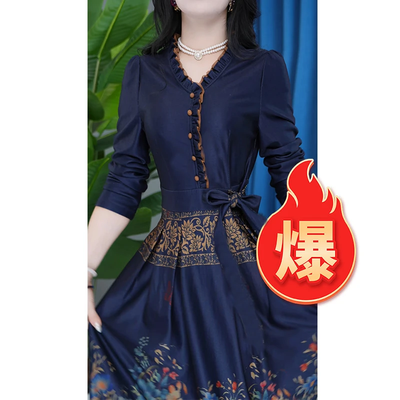 收腰气质长袖修身时尚复古洋气女装连衣裙