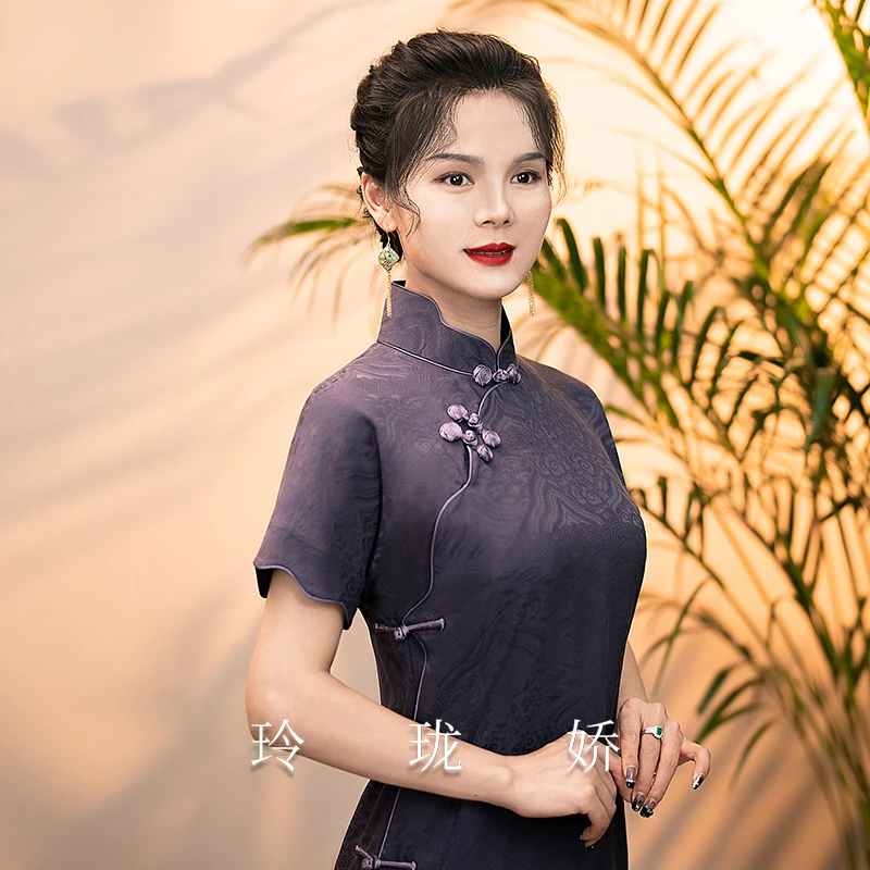 紫宸  玲珑娇30姆米红云纱花萝手工真丝平裁旗袍长款古风古韵旗袍