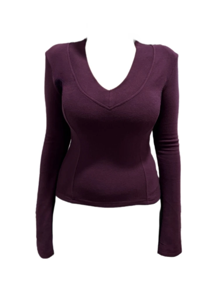 微胖mm纯欲辣妹深v领磨毛深V领针织打底衫女秋冬内搭修身显瘦上衣