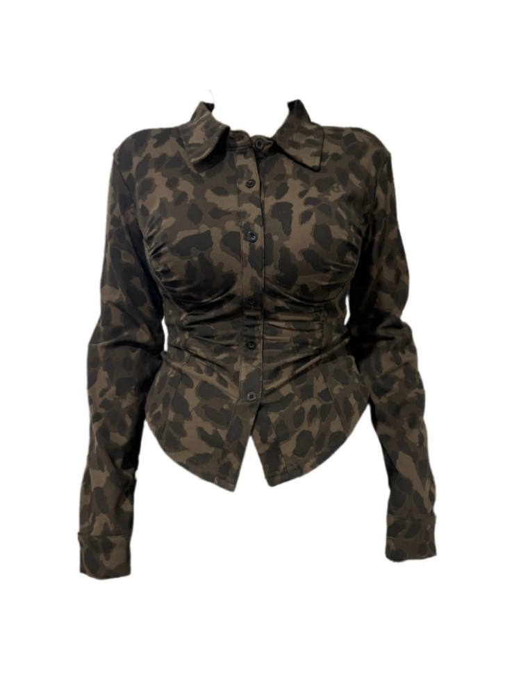 胖mm设计感豹纹长袖收腰衬衫女修身显瘦褶皱假门襟polo领辣妹上衣