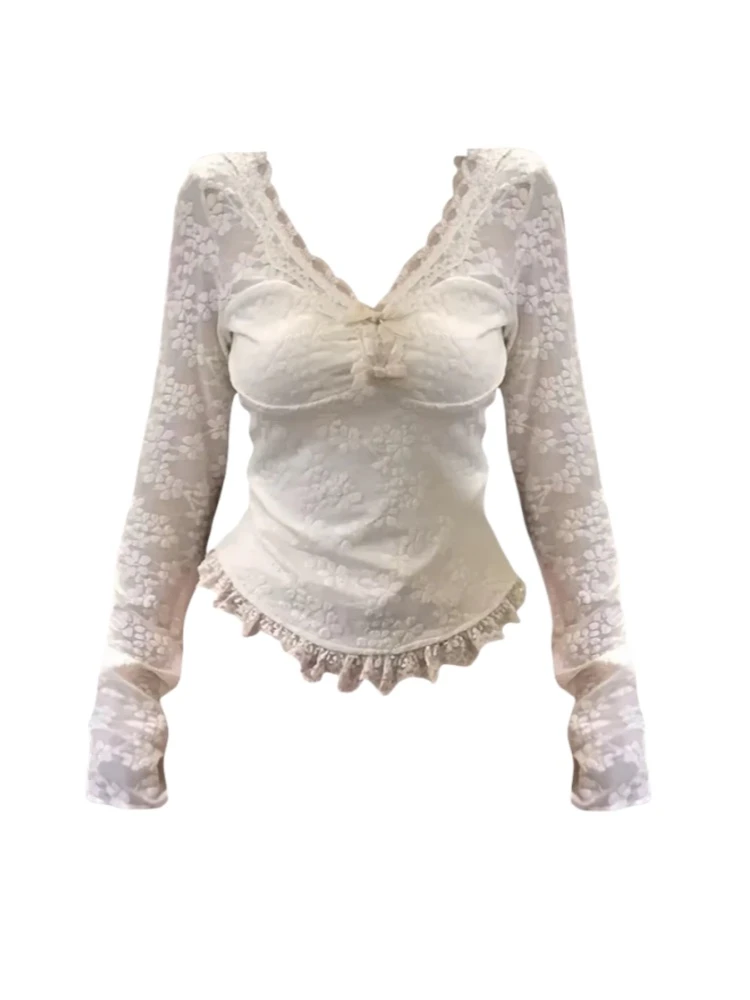 微胖mm纯欲辣妹蕾丝长袖打底衫女秋冬季内搭修身性感显瘦镂空上衣