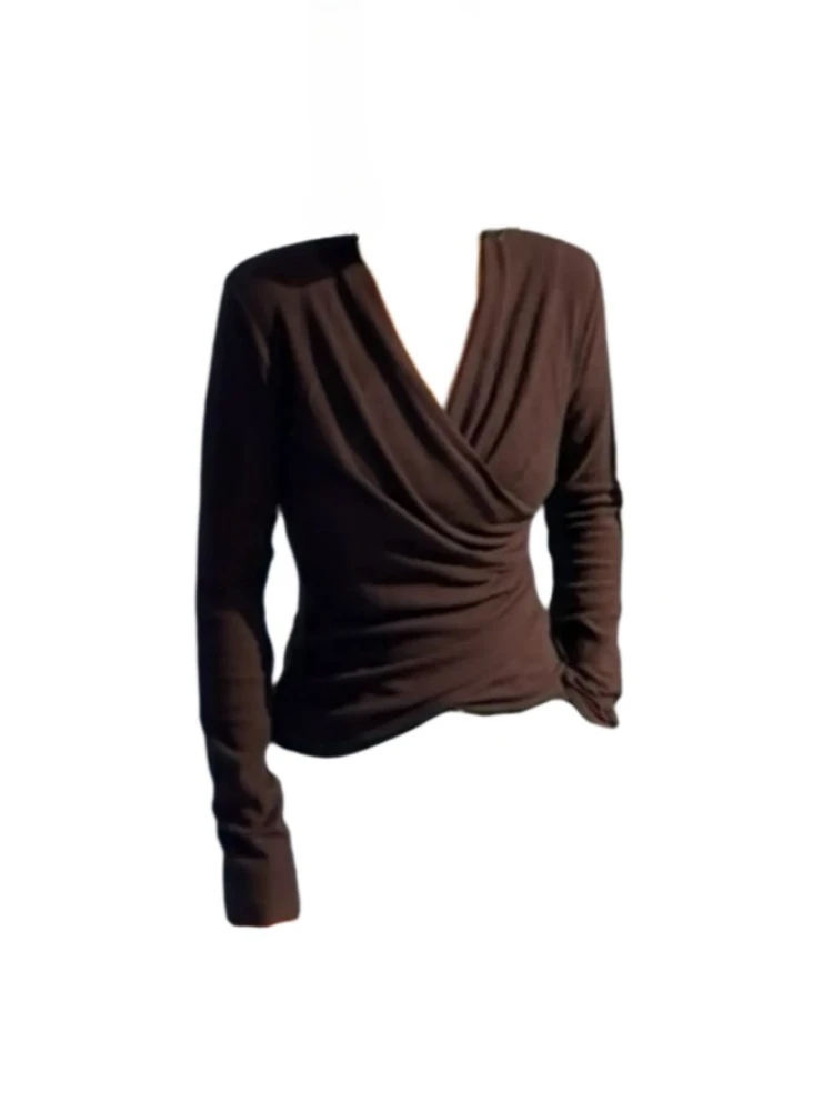 胖mm纯欲辣妹长袖T恤打底衫女秋冬内搭修身显瘦不规则v领交叉上衣