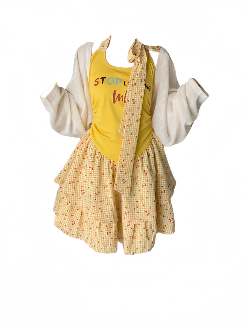 微胖mm纯欲辣妹拼接碎花连衣裙女夏季遮肚显瘦挂脖裙子罩衫两件套