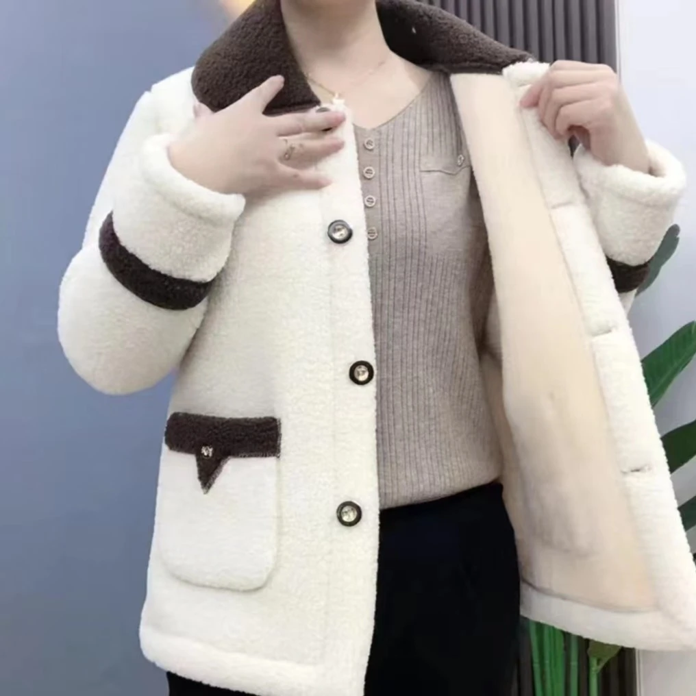 【爆款推荐】高级设计撞色2023女新款加绒加厚仿羊羔毛外套洋气