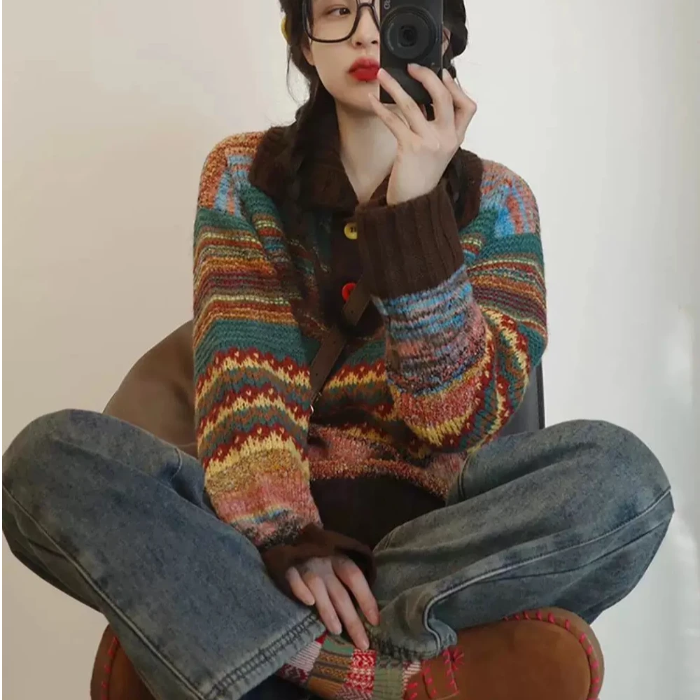 【复古风彩色条纹】 复古高领毛衣彩色段染每件不同色上衣-8124#4