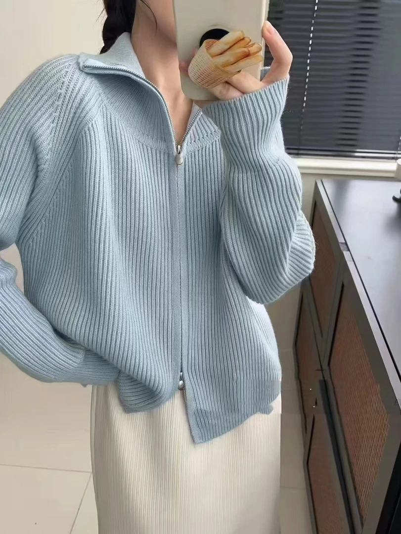 【立领拉链蓝】韩版宽松针织开衫女慵懒风软糯毛衣外套女-8068#4