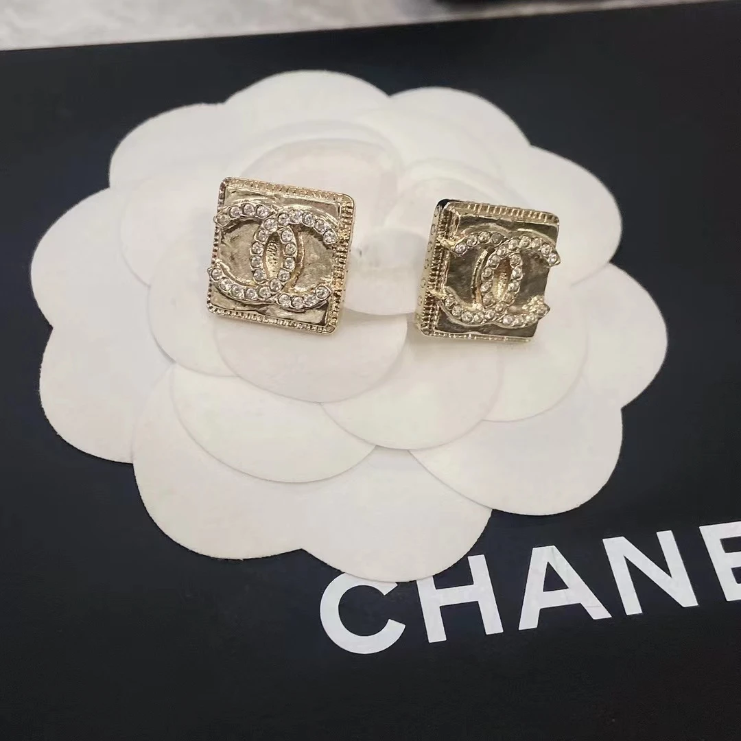99新 Chanel/香奈儿  经典双c/方糖/金属/镶钻/香槟金/耳钉