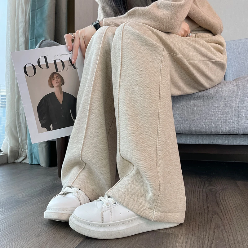 冀豫人字纹加绒阔腿裤女秋冬季裤子直筒窄版加厚高腰竖条纹休闲裤