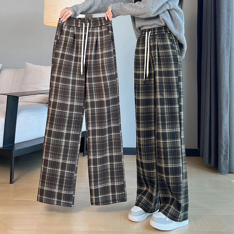 格子阔腿裤女秋冬季高腰直筒休闲格纹宽松加绒裤子冬季加厚运动裤