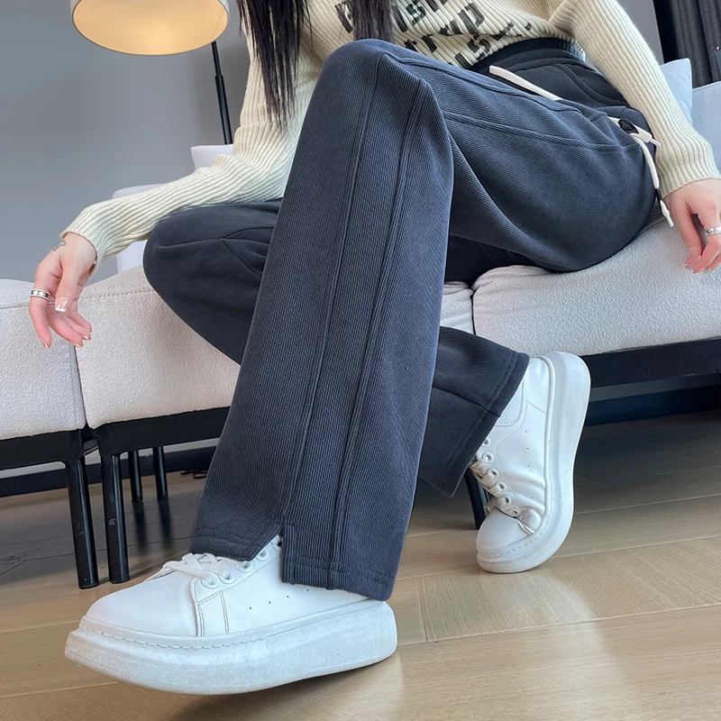 雪尼尔阔腿裤女秋冬加绒裤子窄版直筒卫裤加厚休闲香蕉裤