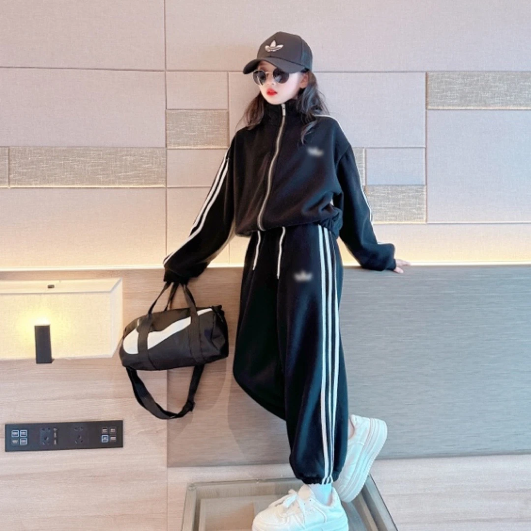 女童加绒套装冬装2023新款儿童洋气加厚外套女大童运动裤两件套