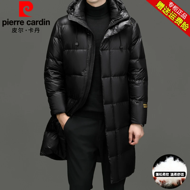 皮尔卡丹冬季新款男士中长款保暖鸭绒羽绒服黑金加厚连帽休闲外套