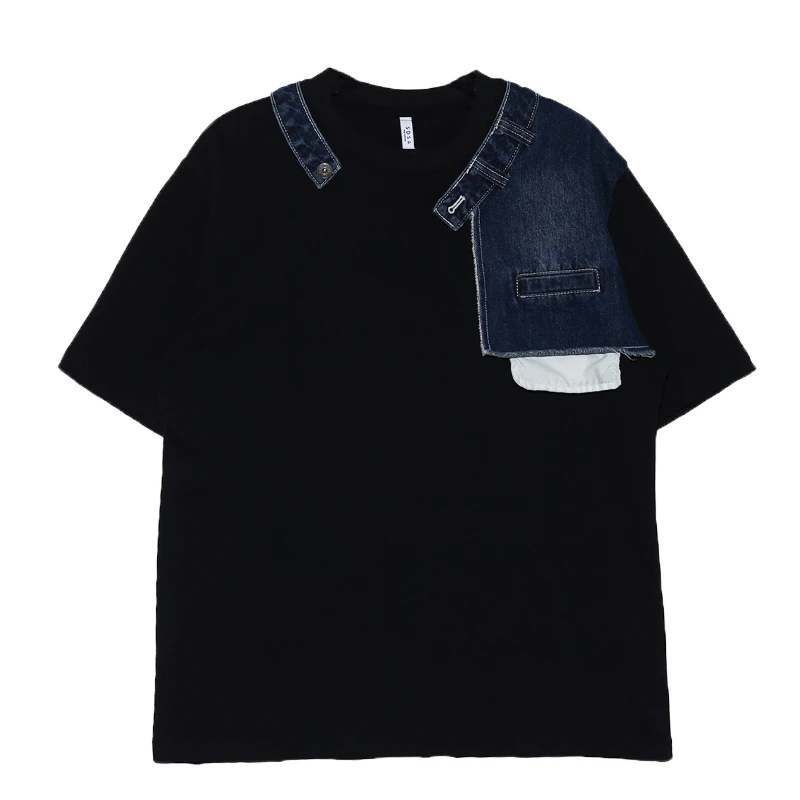 T217时尚休闲情侣夏季复古宽松圆领美式运动假两件T恤黑色百搭