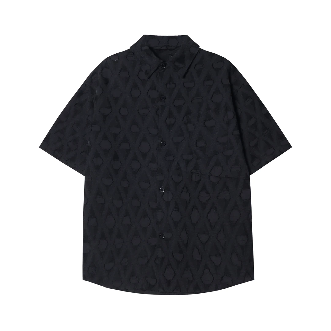 87508夏季新款做旧破洞印花男士衬衫时尚休闲上衣百搭宽松短袖