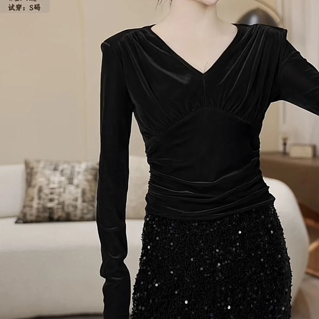 V领长袖T恤女修身显瘦御姐2023秋冬季新款气质设计感褶皱收腰上衣