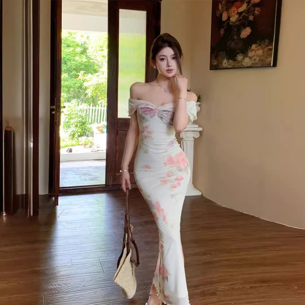 一字肩印花网纱修身短袖连衣裙女夏季显身材长裙纯欲收腰包臀裙子