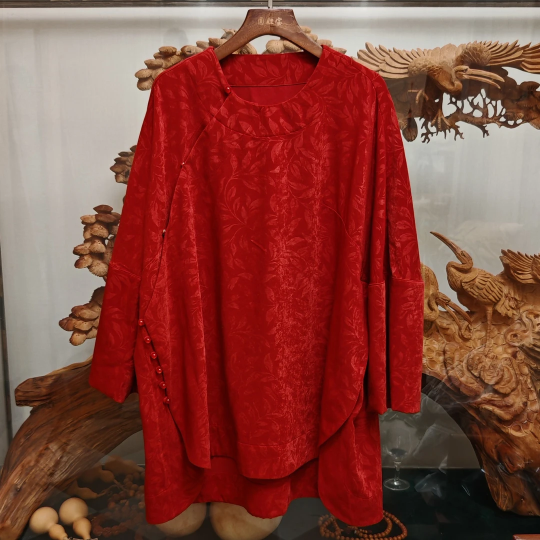 圆圆大码《赤枣》斜襟大袖安哥拉红新中式宽松中国风提花上衣