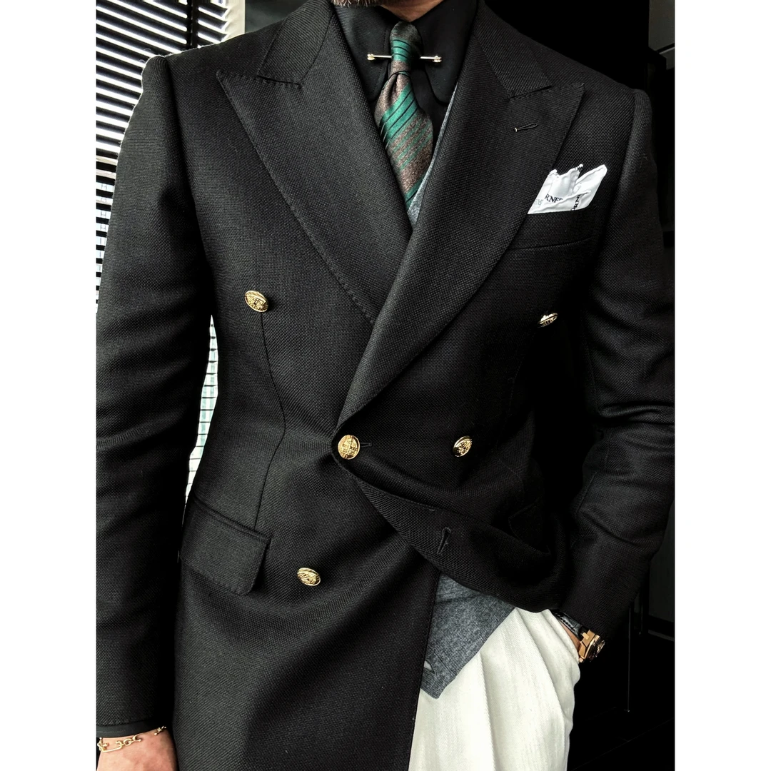 DRUNKCORNER｜黑标系列｜手工半麻衬布雷泽金扣双排枪驳领单西