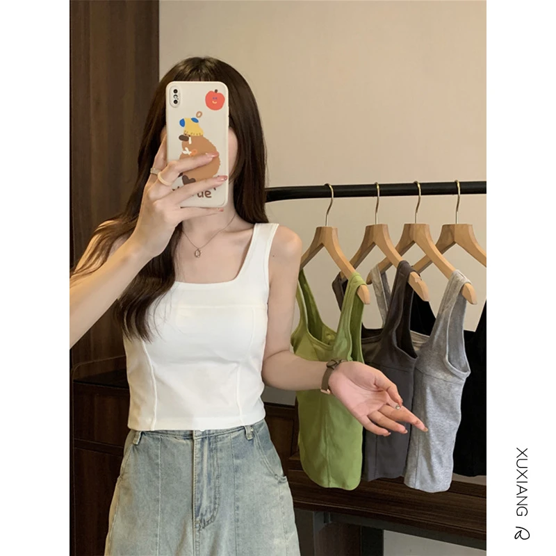 带胸垫一体小吊带打底背心女夏季内搭外穿美背短款鱼骨上衣辣妹