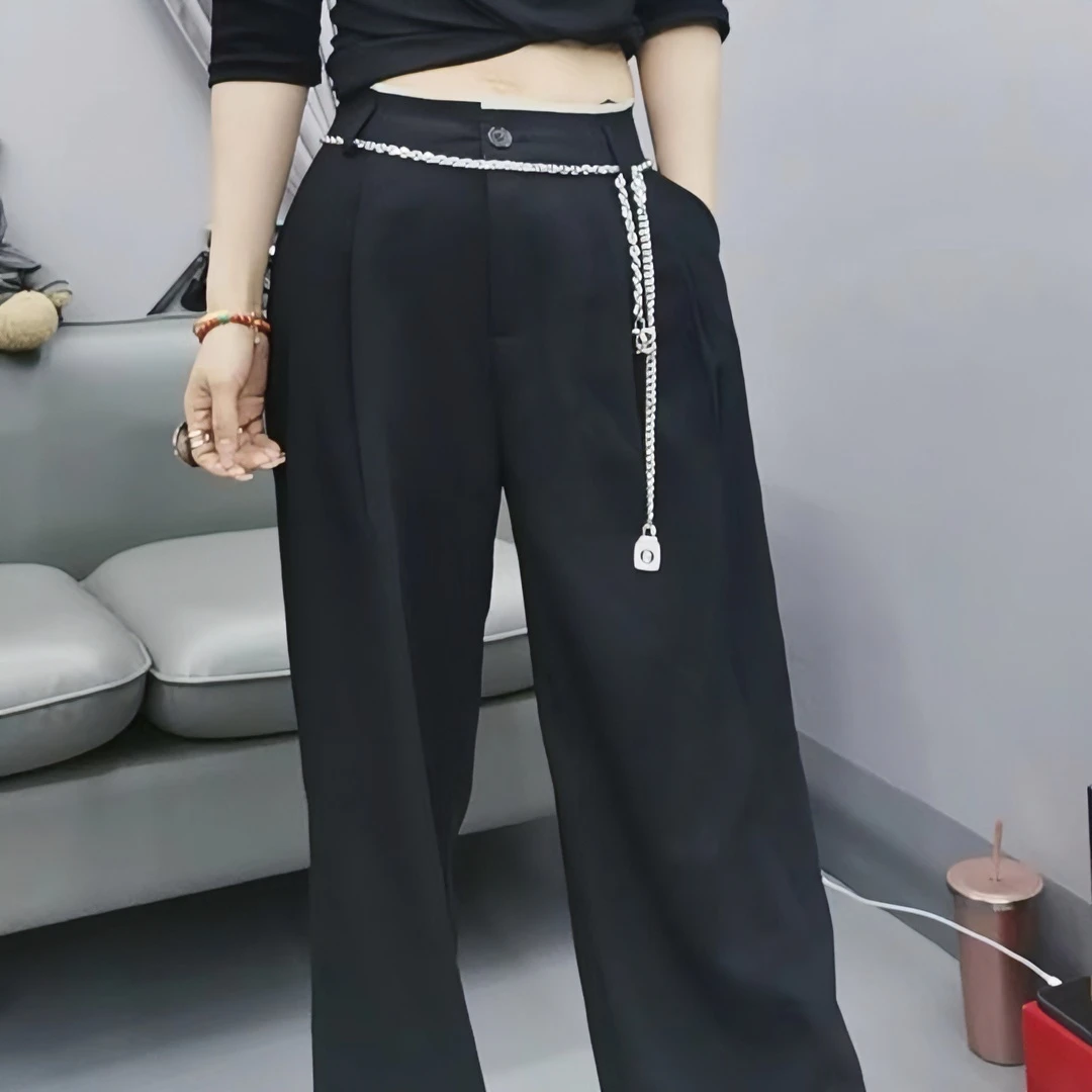 《谢小妹》小众设计秋款时尚显瘦休闲百搭链条黑色西装直筒裤