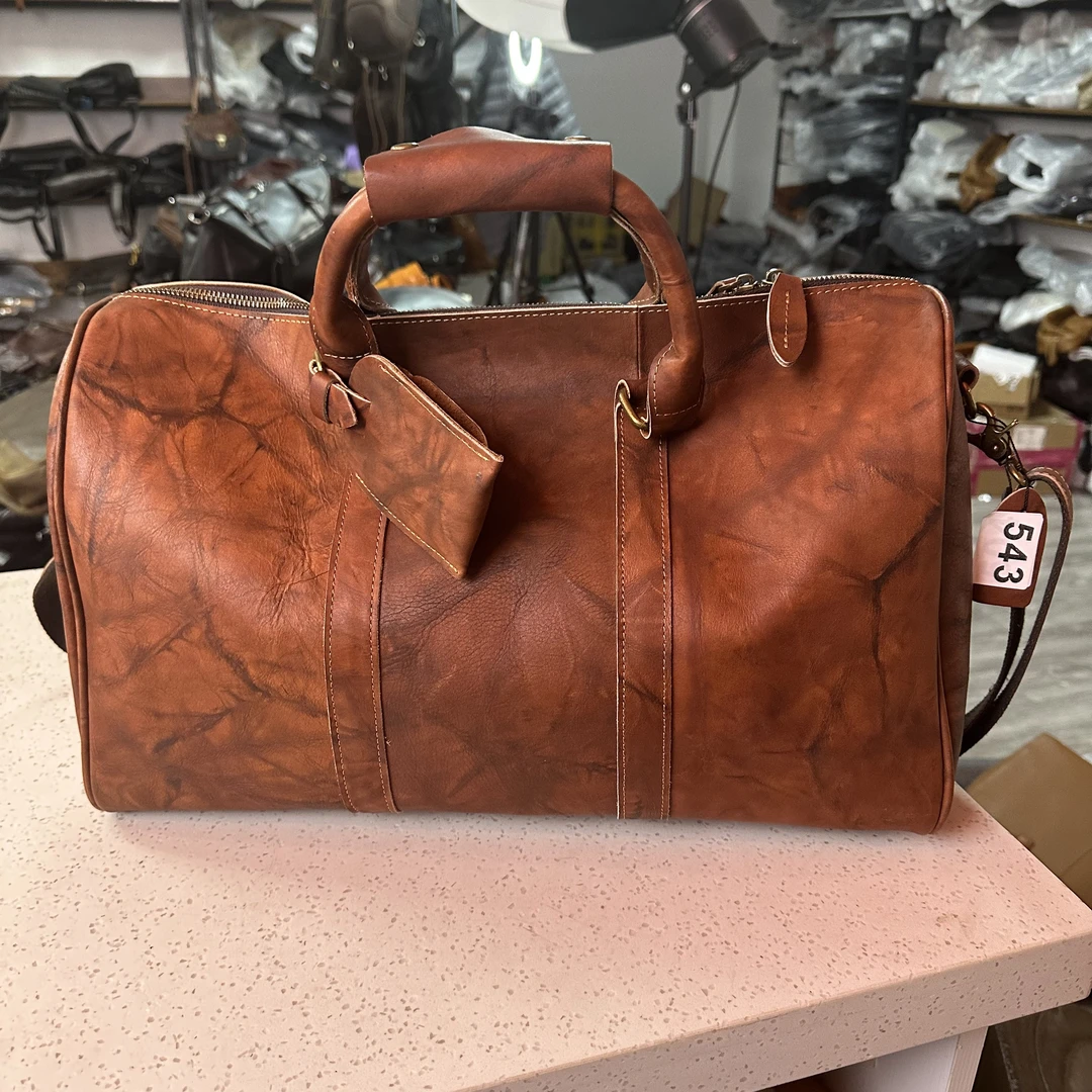 手工牛皮旅行包大容量真皮行李袋复古印花健身包