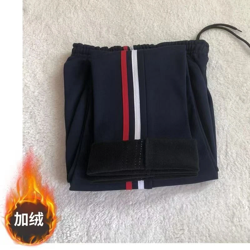 冬季加绒校服裤子白红条初高中男女小学生保暖两条杠加厚运动校裤