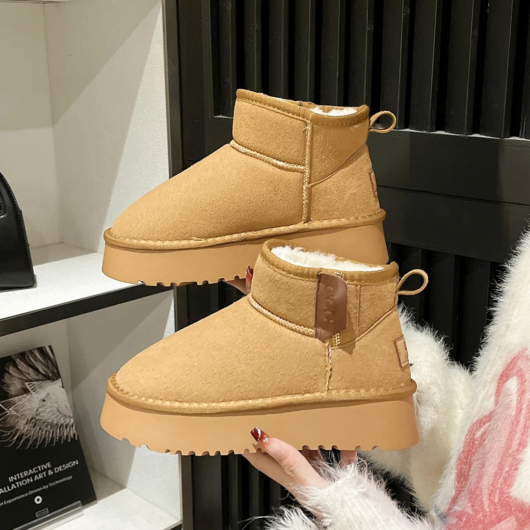 厚底防滑时尚秋冬雪地靴女加绒加厚百搭保暖面包鞋一脚蹬加绒棉鞋