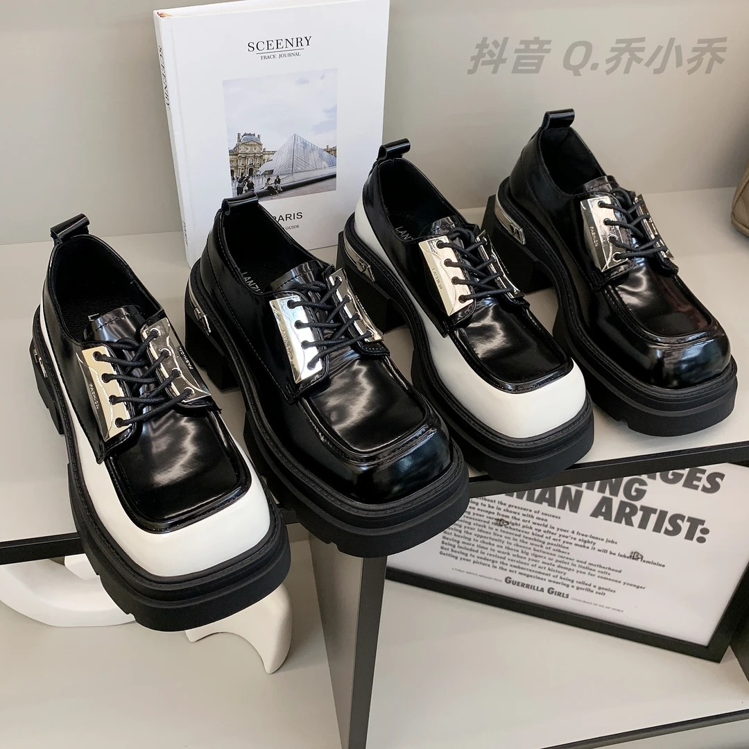 【小乔推荐】欧版拼色方头厚底乐福鞋女时尚英伦风小皮鞋系带松糕鞋