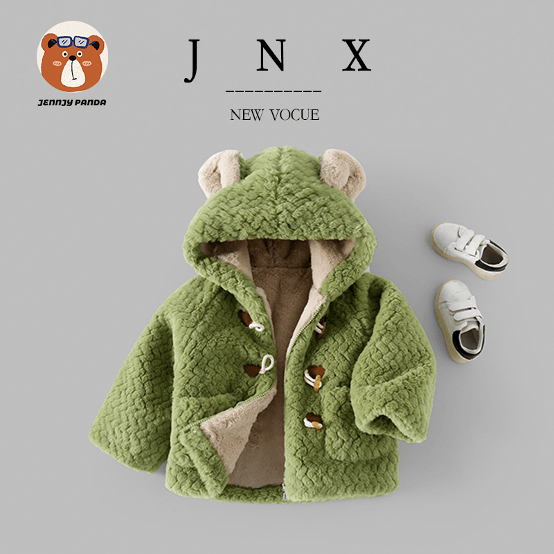 简尼熊2023秋冬 儿童牛角扣连帽毛毛衣外套 JNXD3015